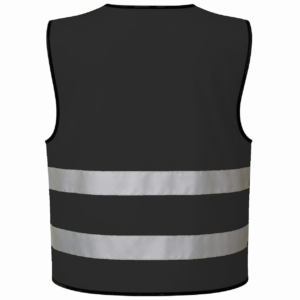 Sort refleksvest med DTF-tryk, set bagfra