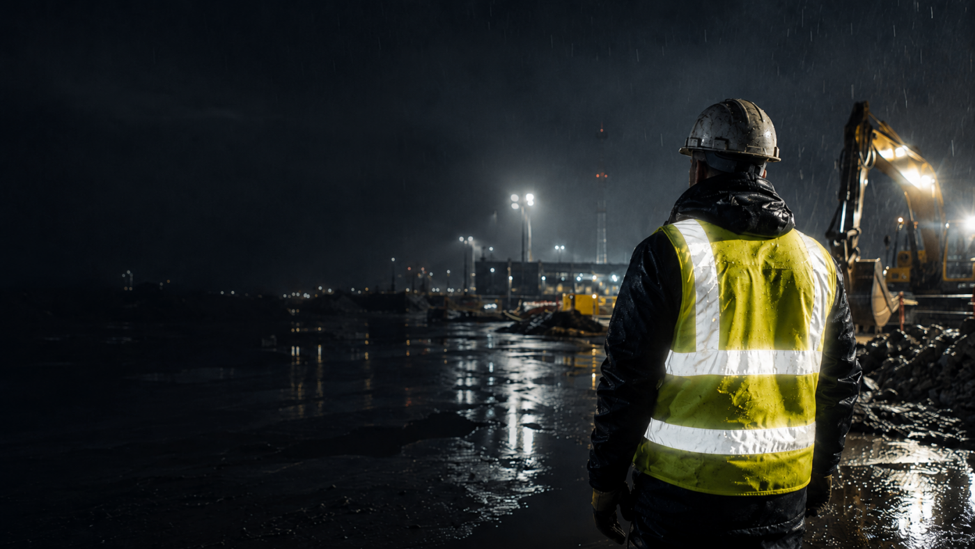 Refleksvest i gul med hi-vis effekt på byggeplads om natten