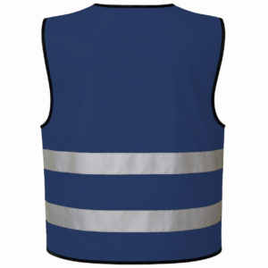 Navy refleksvest med DTF-tryk, set bagfra