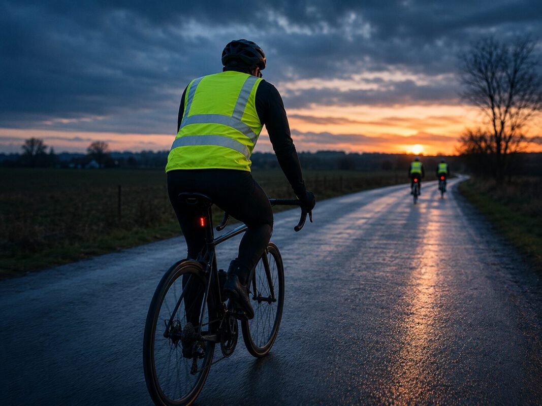 Cyklist i gul refleksvest på landevej ved solnedgang