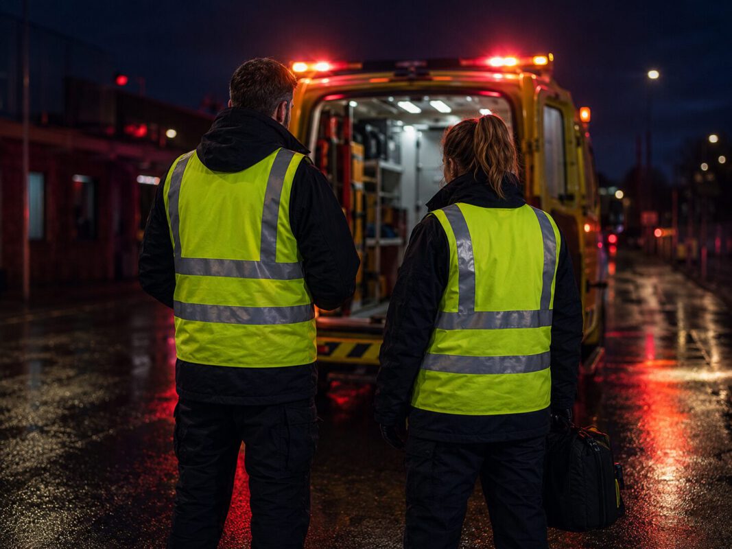 To samaritter i gule refleksveste ved ambulance i mørke