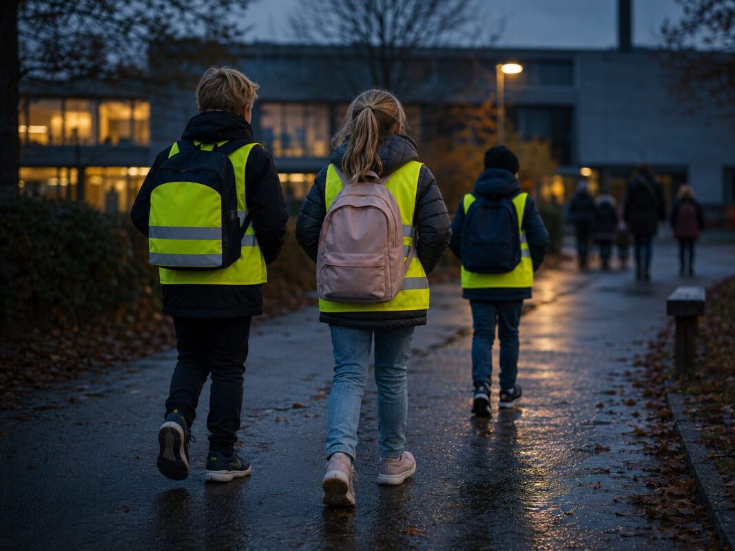 Skolebørn i gule refleksveste med skoletasker på vej til skole en mørk morgen