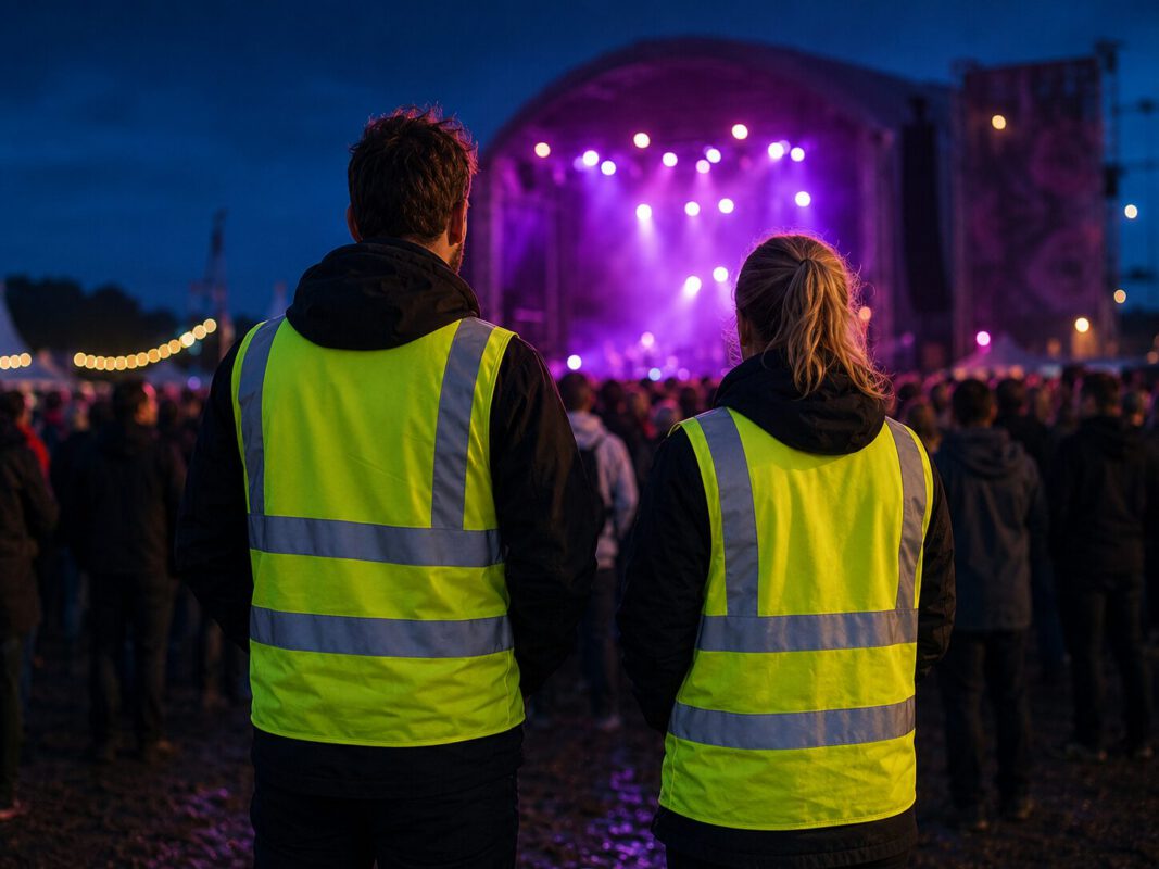 To frivillige i gule refleksveste ved festivalscene om aftenen